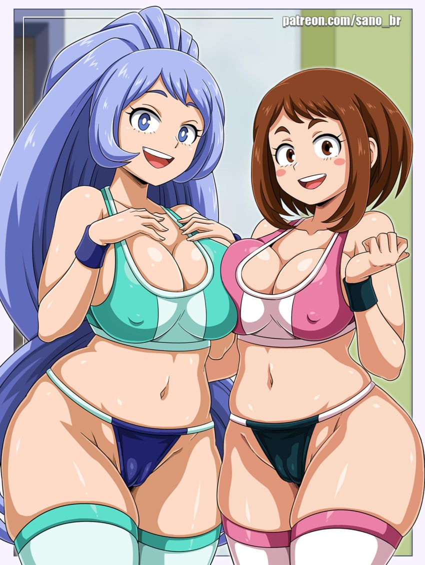 2girls bangs bare_shoulders belly belly_button big_breasts bimbo blue_eyes blue_hair blurry_background breasts breasts_to_breasts brown_eyes brown_hair cameltoe cleavage covered_nipples curvaceous curvy curvy_figure double_v erect_nipples erect_nipples_under_clothes eye_contact eyelashes female female_only gym_clothes hand_on_breast hi_res high_resolution highleg highres hourglass_figure huge_breasts large_breasts legwear light-skinned_female light_skin long_hair looking_at_viewer midriff multiple_girls my_hero_academia navel nejire_hado nipple_bulge nipples ochako_uraraka off_shoulder open_mouth open_smile partially_visible_vulva patreon_username plump pov pussy_visible_through_clothes revealing_clothes sano-br shiny shiny_hair shiny_skin short_hair shounen_jump sideboob sidelocks skimpy skimpy_clothes skindentation slutty_outfit symmetrical_docking thick thick_thighs thighhighs thighs thin_waist thong tied_hair tongue upper_teeth v very_long_hair watermark wide_eyed wide_hips workout_clothes