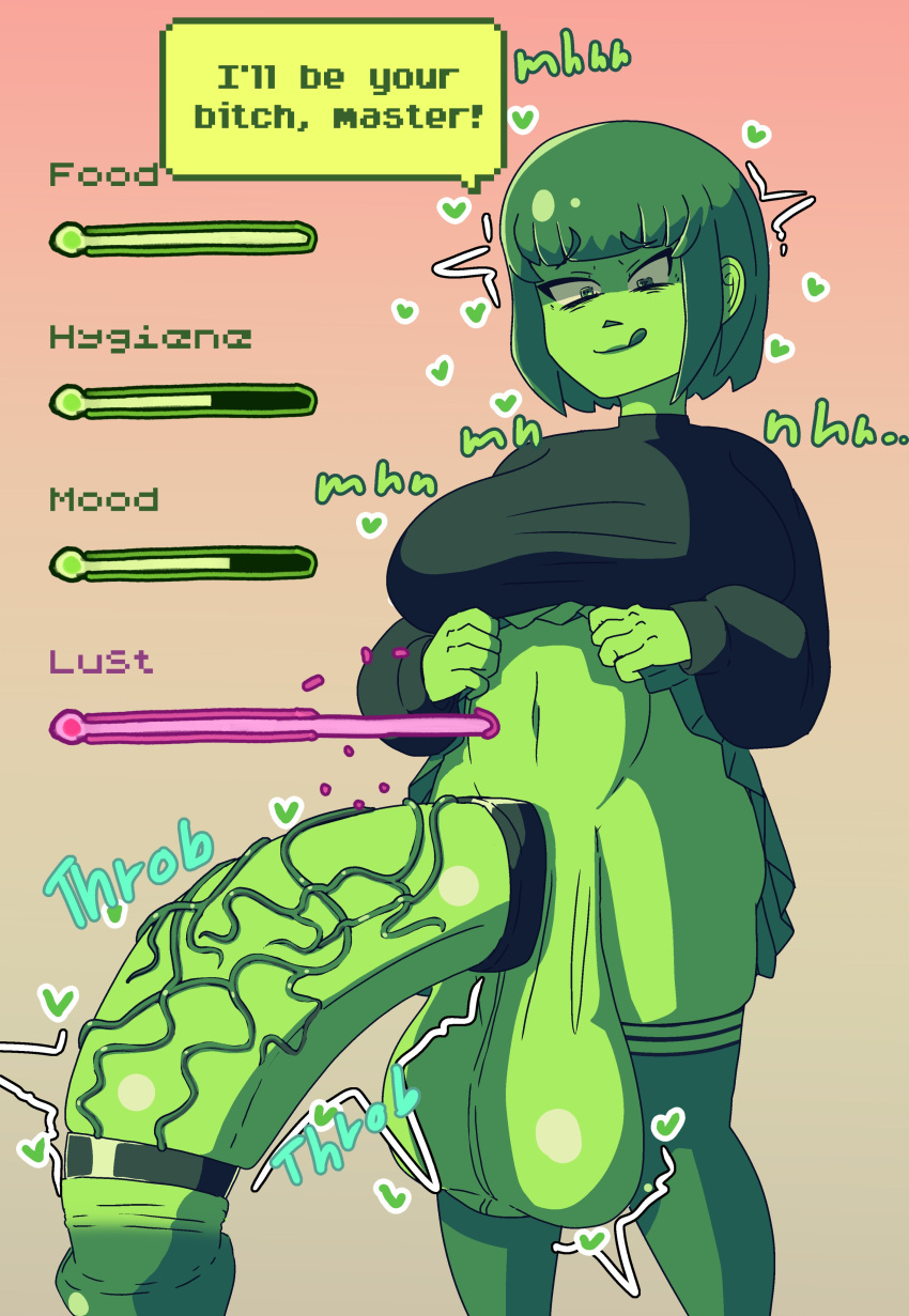 1futa bangs big_breasts breasts clothed cock_ring dialogue dress dress_lift futa_only futanari futasub gameplay_mechanics green_hair green_skin horny huge_breasts huge_cock huge_testicles humanoid_penis hyper hyper_balls hyper_penis meter orgasm_denial panties partially_clothed silverplatin skindentation solo standing stockings t-gotchi text thighhighs veiny_penis