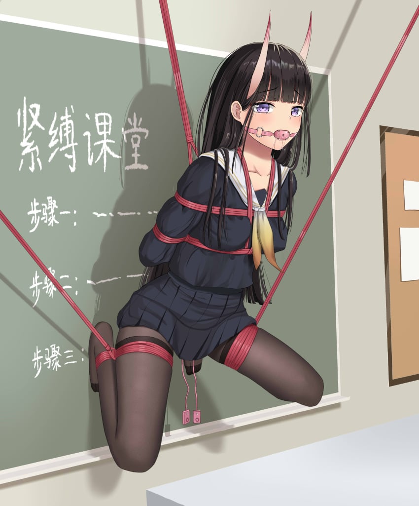 arms_behind_back azur_lane ball_gag bent_knees black_hair black_serafuku black_skirt bondage bound_legs breast_bondage breasts classroom clavicle clothing demon_horns egg_vibrator female female_only forced_orgasm forced_pleasure frogtie gag high_resolution horns indoors jiang_qian_xiao long_sleeves looking_at_viewer medium_breasts miniskirt neckerchief noshiro_(azur_lane) oni_horns pantyhose pleated_skirt purple_eyes red_rope remote remote_control_vibrator rope rope_bondage sailor_collar saliva school_uniform serafuku sex_toy sex_toy_under_clothes shibari_over_clothes skirt solo spread_legs suspension thighband_pantyhose tied_up uniform very_high_resolution vibrator vibrator_under_clothes