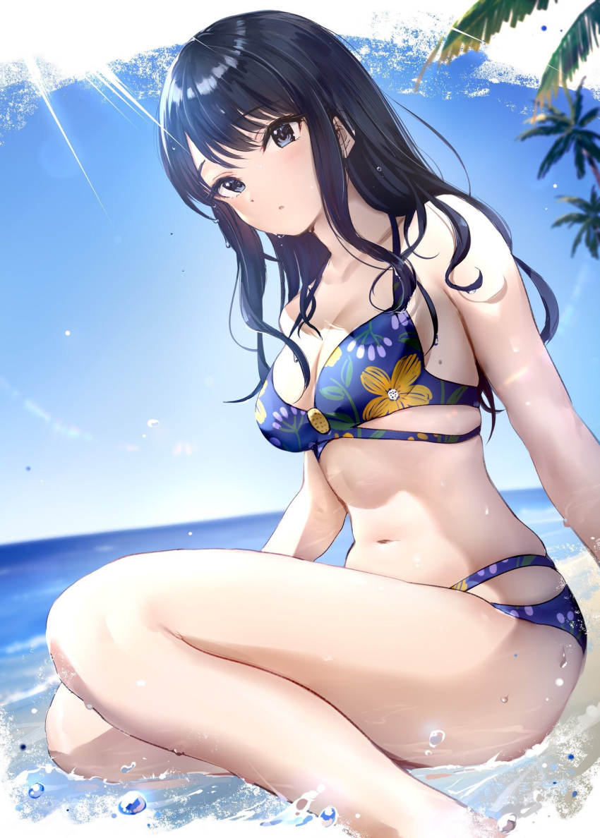 bangs bare_arms bare_legs bare_shoulders beach bikini black_hair blue_bikini blush breasts clavicle cleavage day female floral_print grey_eyes high_resolution horizon idolmaster kazano_hiori legs long_hair looking_at_viewer medium_breasts mole mole_under_mouth multi-strapped_bikini navel ocean outdoors palm_tree parted_lips print_bikini print_swimsuit sitting solo sunlight swimsuit tagme takeashiro takeya_y0615 the_idolm@ster:_shiny_colors thighs toned tree water wet wrap_bikini