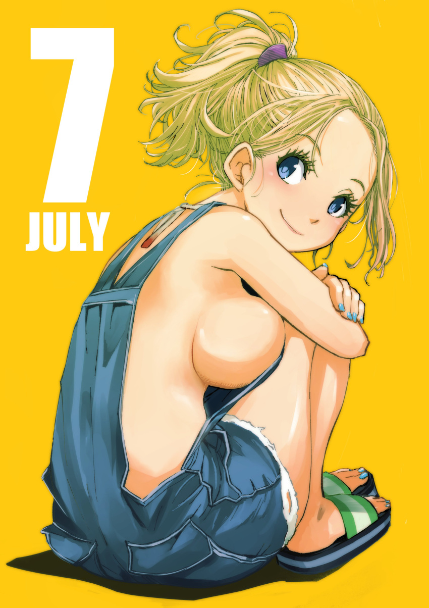 1girls breasts female female_only human light-skinned_female light_skin muramasa_mikado overall_shorts overalls pale_skin sideboob sitting smiling solo