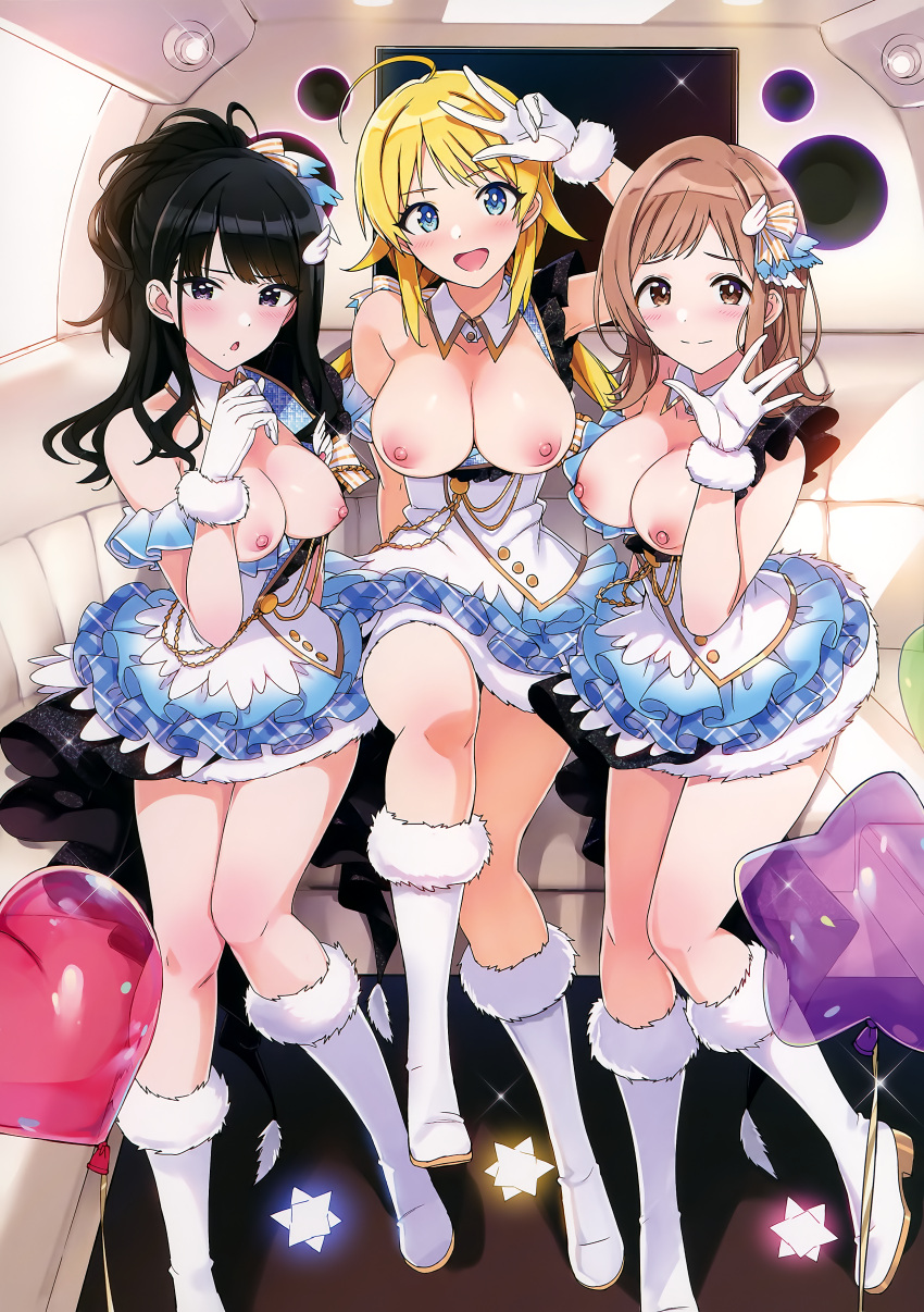 3girls areolae balloon bangs bare_thighs black_hair blonde_hair blue_eyes blush boots breastless breastless_clothes breastless_clothing breasts breasts_out breasts_out_of_clothes brown_eyes brown_hair closed_mouth dress exposed_breasts female full_body fur_trim gloves hachimiya_meguru hair_ornament hand_up high_resolution idol idolmaster kazano_hiori knee_boots large_breasts large_filesize layered_skirt long_hair looking_at_viewer medium_breasts miniskirt mole mole_under_mouth multiple_girls nipples ootomo_takuji open_mouth pose purple_eyes sakuragi_mano scan see-through short_dress short_hair simple_background sitting skirt smile sparkle tagme the_idolm@ster:_shiny_colors thighs topless very_high_resolution white_footwear white_gloves