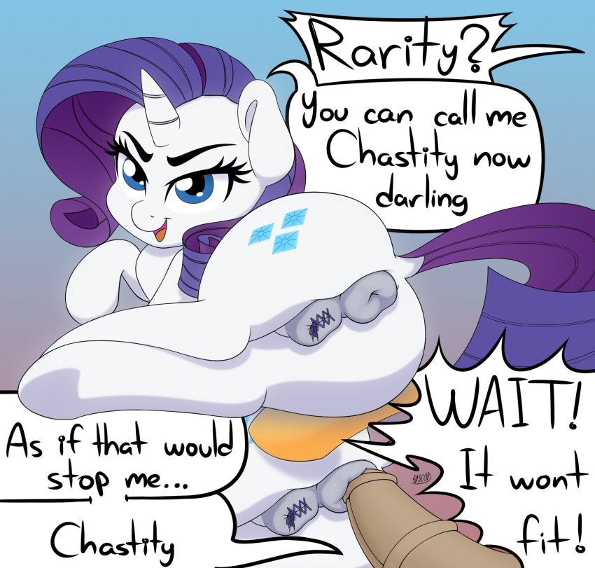 anal applejack_(mlp) chastity friendship_is_magic futanari horse horsecock looking_back mammal my_little_pony pony rarity_(mlp) sealed_pussy straight_hair syscod text_bubble