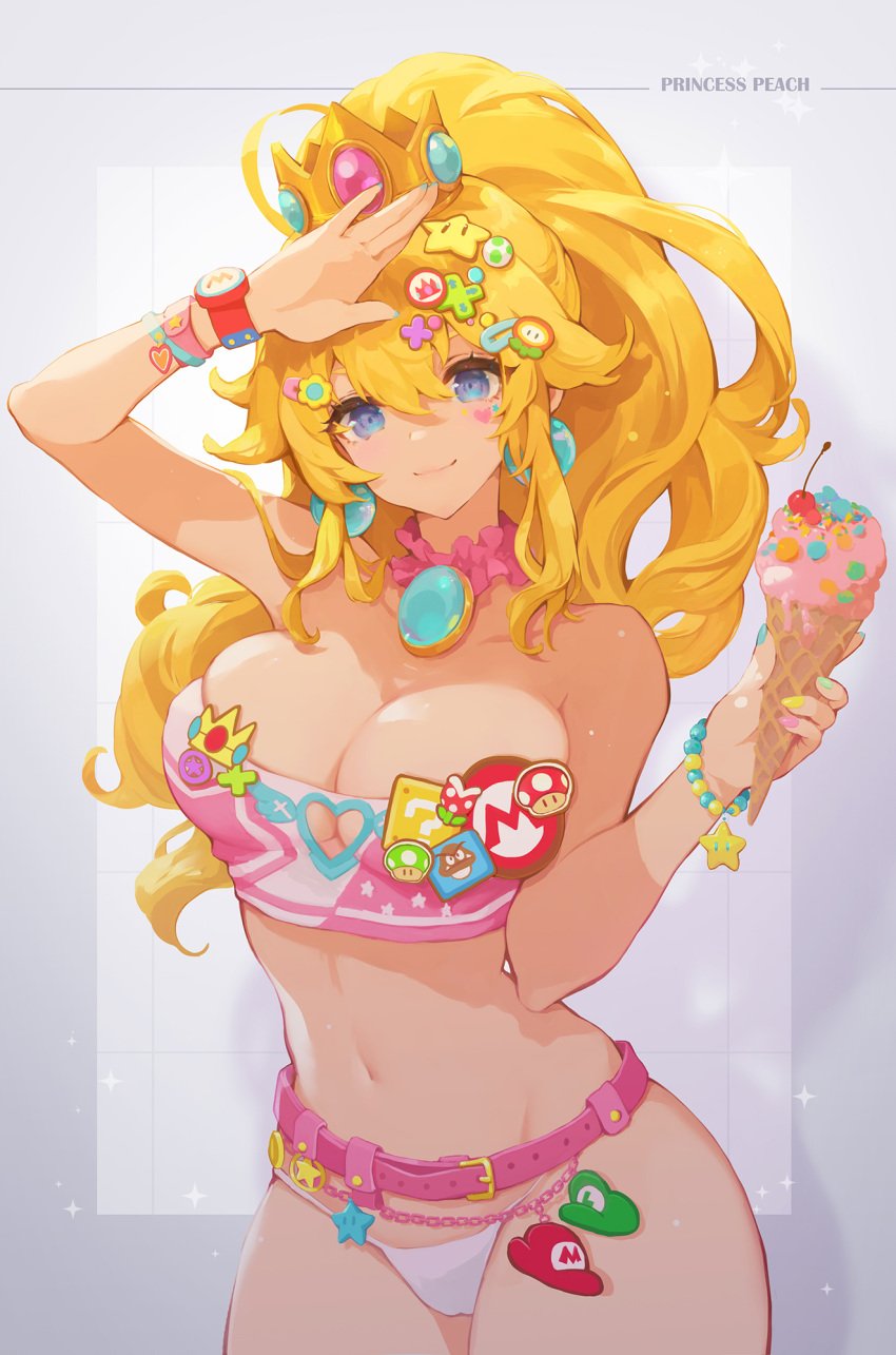 arm_up belt blonde_hair blue_eyes bracelet breasts character_name cleavage cleavage_cutout colored_nails crown cute earrings grey_background hair_between_eyes hair_ornament hairclip high_ponytail ice_cream jewelry long_hair looking_at_viewer mario_(series) mushroommirror nail_polish necklace nintendo ponytail princess_peach sexy_armpits sidelocks simple_background smile standing summer swimsuit thong tied_hair watch