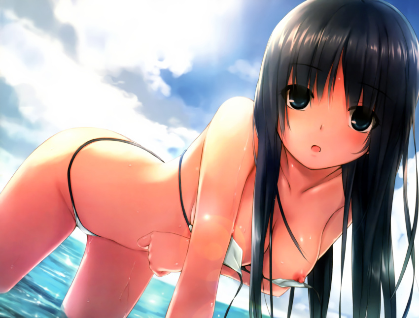 all_fours bangs bare_arms bare_shoulders bikini black_hair blue_eyes blue_sky breast_hold breast_slip breasts clavicle cleavage cloud cloudy_sky coffee-kizoku day eyebrows_visible_through_hair female female female_only fixed hanging_breasts high_resolution horizon lens_flare long_hair looking_at_viewer medium_breasts nipple_slip nipples ocean open_mouth original outdoor_nudity outdoors partially_submerged polka_dot_bikini scan shiramine_rika sky solo string_bikini swimsuit tagme untied untied_bikini very_high_resolution wading wallpaper wardrobe_malfunction water wet white_bikini white_swimsuit