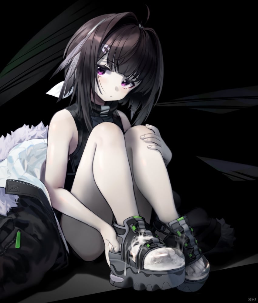 2020s 2021 ahoge arknights artist_logo bare_legs black_background black_clothing black_footwear black_hair black_jacket black_shirt black_shorts blush brown_hair closed_mouth commentary cross-laced_footwear cum cum_bubble cum_in_clothes cum_in_footwear cum_in_shoe cum_in_shoes cum_on_clothes cum_on_feet cum_on_footwear cum_wearing eyebrows_visible_through_hair feather_hair_ornament feathers feet female footwear_fetish front_view full_body fur-trimmed_jacket fur_trim hair_bow hair_ornament hairclip hand_on_leg head_tilt highres jacket jacket_removed knees_to_chest la_pluma_(arknights) legs_together looking_at_viewer manga medium_hair mixed-language_commentary multicolored_footwear no_socks pale_skin petite platform_footwear purple_eyes see-through shiny_skin shirt shoes short_hair short_shorts shorts simple_background sitting sitting_on_floor sleeveless sleeveless_shirt solo solo_female songchuan_li thighs toes tomboy transparent_footwear turtleneck watermark white_hair_bow