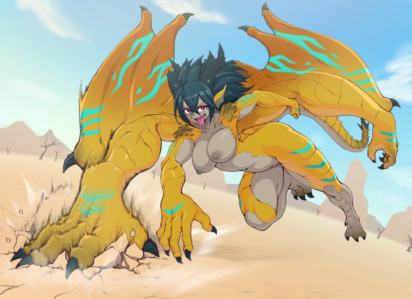 1girls 4_arms big_breasts breasts capcom claws day desert dmxwoops dragon dragon_girl dunes female female_only hills horns monster monster_girl monster_hunter multi_arm multi_limb nipples outdoors running sand solo tail thick_thighs thighhighs thighs tigrex tongue tongue_out wings