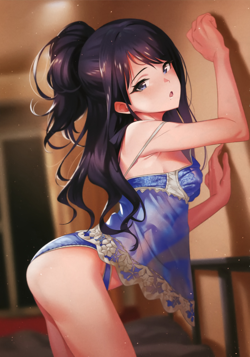 against_wall arched_back armpit_peek armpits babydoll black_hair blue_eyes blue_panties blue_underwear blurry blurry_background bra breasts contrapposto cowboy_shot depth_of_field dutch_angle female fukushi_ryouhei hapisam high_resolution idolmaster in_profile indoors kazano_hiori light_particles lingerie long_hair looking_at_viewer mole mole_under_mouth negligee nightgown one_side_up open_mouth pantsu purple_hair scan see-through small_breasts solo tagme the_idolm@ster:_shiny_colors underwear underwear_only very_high_resolution