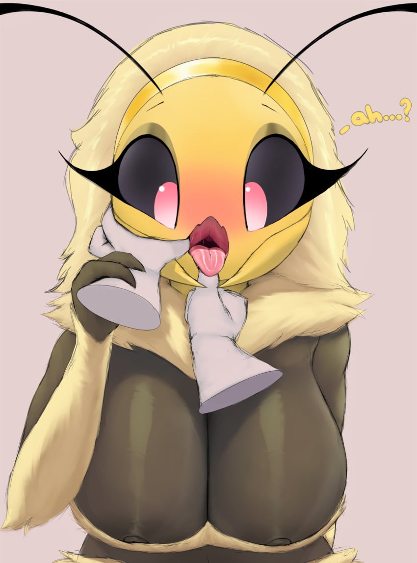 antennae anthro bee black_nipples black_sclera blossom_(thousandfoldfeathers) breasts cute disembodied_hand disembodied_hands female female_focus fingers_inside_mouth ghost mawplay mouth_play mouthplay nipples open_mouth pink_eyes simple_background thousandfoldfeathers wholesome yellow_fur