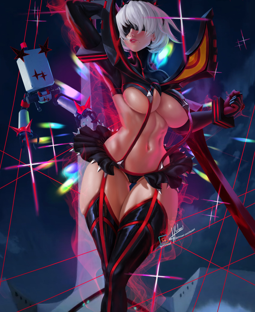 1girls abs bangs black_blindfold black_gloves black_hairband black_legwear black_panties black_skirt black_thighhighs black_underwear breasts cameltoe cleavage clothing cosplay crossover_cosplay female female_only garter_straps gloves hi_res hlulani kamui_(kill_la_kill) kill_la_kill large_breasts legwear lingerie looking_at_viewer matoi_ryuuko_(cosplay) microskirt mole mole_under_mouth muscle navel nier nier:_automata nier_(series) panties pantsu pinup_(style) pod_(nier) revealing_clothes senketsu short_hair short_white_hair sideboob skindentation skirt solo tagme thigh_gap thighhighs underboob underwear very_high_resolution white_hair wide_hips yorha_2b