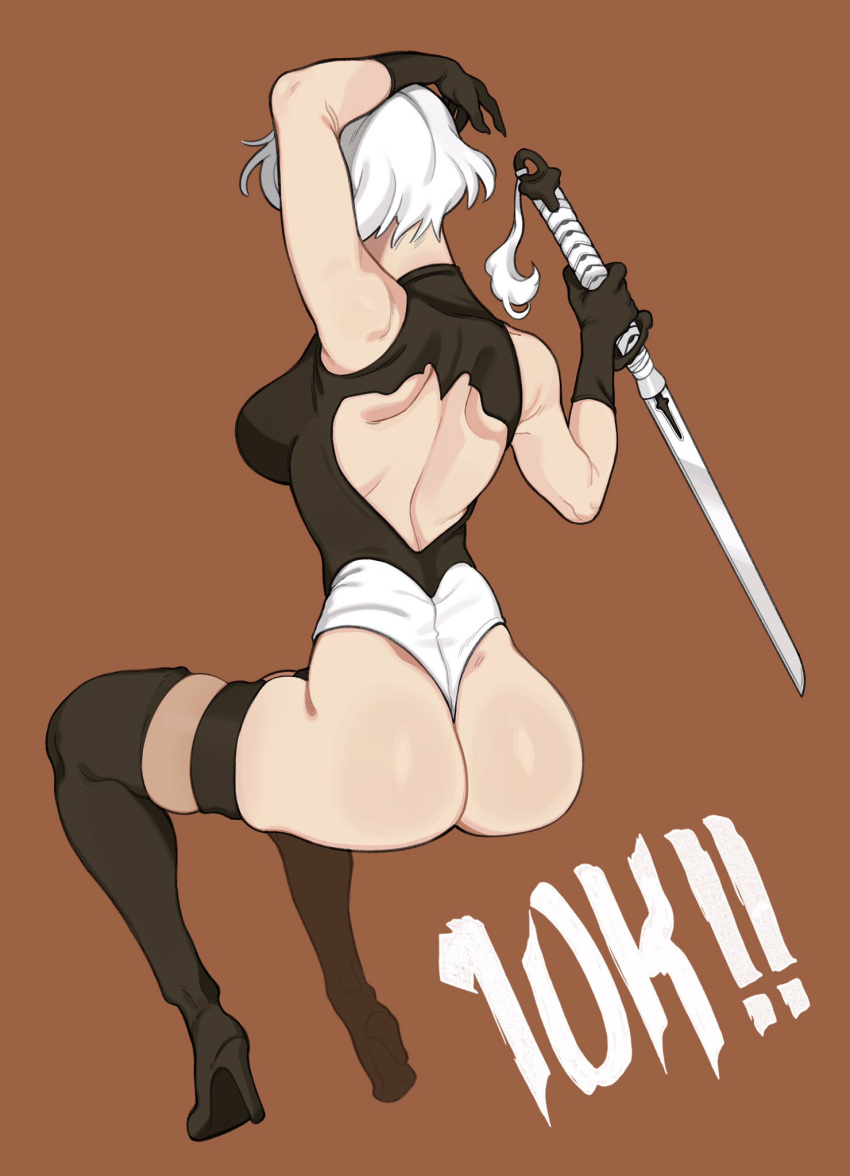 1girls arms_up ass backless_leotard backless_outfit follower_celebration from_behind high_heels katana leotard milestone_celebration nier:_automata porqueloin short_hair sideboob simple_background sitting solo stockings thighhighs white_hair yorha_2b