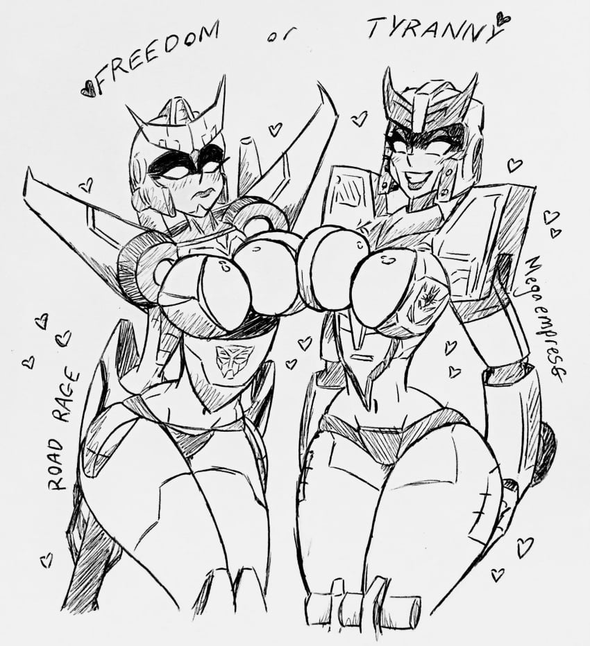 2girls alien alien_girl autobot big_breasts boob_window breasts cleavage colorless curvy decepticon evil_grin female female_only heart hearts kenobishinobi looking_at_viewer machine megaempress monochrome multiple_girls panties pressing_breasts_together road_rage robot robot_girl sketch smirk symmetrical_docking take_your_pick text thick_legs thick_thighs transformers transformers_g1 transformers_jg1 wide_hips