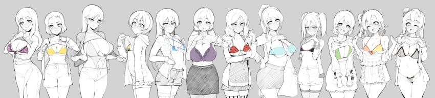 12girls 6+girls ayase_eli belly_button big_breasts bikini bikini_top blush breasts flashing hoshizora_rin kira_tsubasa koizumi_hanayo kousaka_honoka large_breasts love_live! love_live!_school_idol_project minami_kotori mostly_clothed multiple_girls nishikino_maki sian small_breasts sonoda_umi sweat toudou_erena toujou_nozomi yazawa_nico yuuki_anju