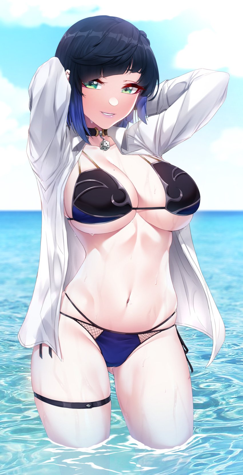 1girls 2022 akchu armpits arms_behind_head arms_up black_hair blush breasts female female_only genshin_impact green_eyes hi_res hips huge_breasts looking_at_viewer outdoors short_hair slim_waist smile thick_thighs thighs water wet wide_hips yelan_(genshin_impact)