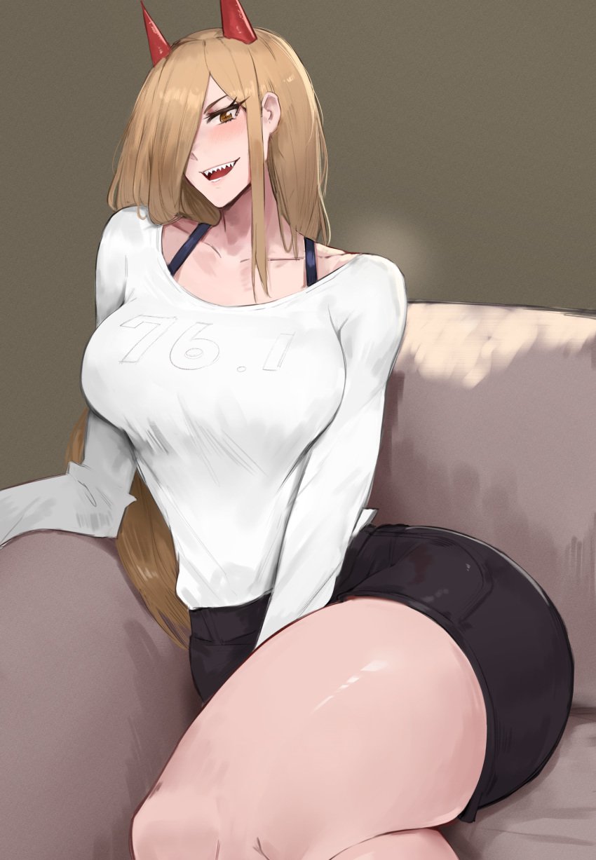 1girls 2021 alternate_breast_size bare_legs black_shorts blonde_hair breasts chainsaw_man clothed clothed_female couch demon demon_girl demon_horns female female_focus female_only gold_eyes hair_over_one_eye hi_res horns kisou large_breasts leaning_to_the_side legs_crossed light-skinned_female long_hair looking_at_viewer mappa no_watermark open_mouth pale-skinned_female pear-shaped_figure pear_shaped pear_shaped_female pointy_teeth power_(chainsaw_man) red_horns seductive_eyes seductive_look seductive_smile sharp_teeth short_shorts shorts simple_background sitting slim smile solo_focus symbol-shaped_pupils thick_thighs thighs tight_clothing tight_fit white_topwear yellow_eyes