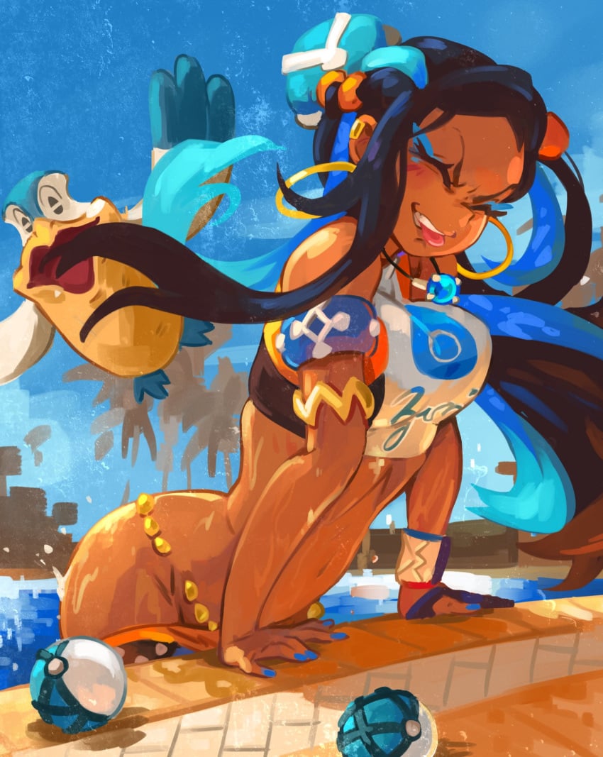 1girls armband belly_chain blue_nails blue_theme dynamax_band ear_piercing earrings female fingerless_glove fingernails game_freak getting_out_of_pool gym_leader hoop_earrings khyleri nail_polish necklace nessa_(pokemon) net_ball nintendo pelipper poke_ball pokemon pokemon_ss sky swimming_pool swimsuit_down tongue_out wardrobe_malfunction water