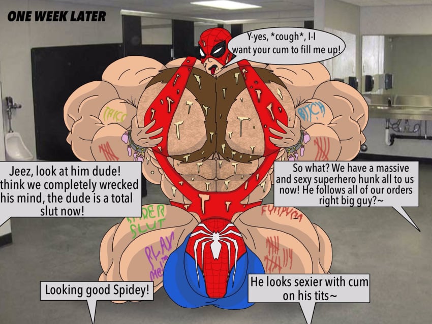 abs arms_up chest_hair chest_tuft cum hairy_chest hairy_pecs himbo hyper hyper_balls hyper_genitalia hyper_muscles hyper_penis hyper_testicles kindaporn male male_focus male_only marvel marvel_comics muscle muscles muscular muscular_arms muscular_ass muscular_back muscular_legs muscular_male muscular_thighs spider-man spider-man_(series) text text_bubble words