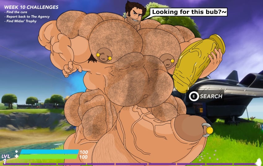 1boy abs arms_up boner chest_hair chest_tuft cum erection fortnite game_ui gameplay_mechanics hairy_chest hairy_pecs himbo hyper hyper_balls hyper_genitalia hyper_muscles hyper_penis hyper_testicles kindaporn male male_focus male_only marvel marvel_comics muscle muscles muscular muscular_arms muscular_ass muscular_back muscular_legs muscular_male muscular_thighs nude solo text text_bubble wolverine_(x-men) words x-men yaoi