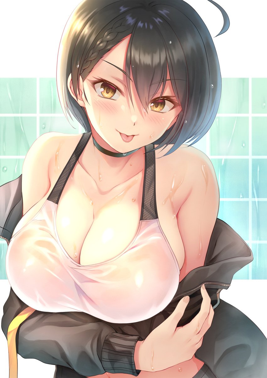 1girls azur_lane baltimore_(azur_lane) baltimore_(black_ace)_(azur_lane) black_hair gold_eyes hinamo large_breasts short_hair sports_bra sweat