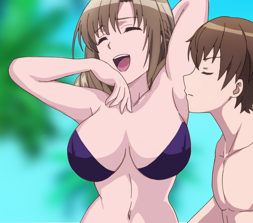 armpits big_breasts bikini blurred_background closed_eyes incest mother_and_son oosuki_mamako oosuki_masato open_mouth tsuujou_kougeki_ga_zentai_kougeki_de_ni-kai_kougeki_no_okaasan_wa_suki_desu_ka?