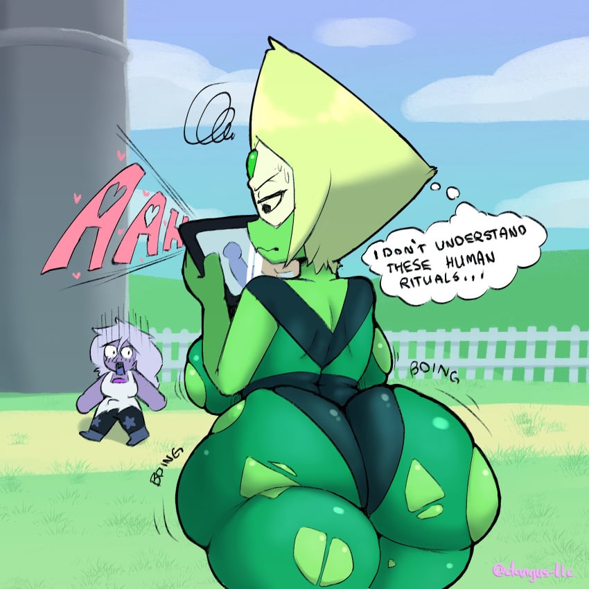 2d 2d_(artwork) 2girls alien alien_girl amethyst_(steven_universe) ass ass_expansion bouncing_ass breast_expansion casual dangus-llc electronics female female_only gem_(species) green_body green_skin huge_ass huge_breasts humanoid multiple_girls peridot_(steven_universe) purple_skin short_hair shortstack speech_bubble steven_universe thick_thighs torn_clothes torn_clothing watching_porn