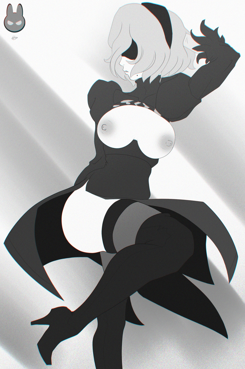 android blindfold breasts breasts_out chromatic_aberration emotionless erect_nipples expressionless female headband heels hotpinkevilbunny large_breasts mole monochrome nier:_automata robot robot_girl solo white_hair yorha_2b