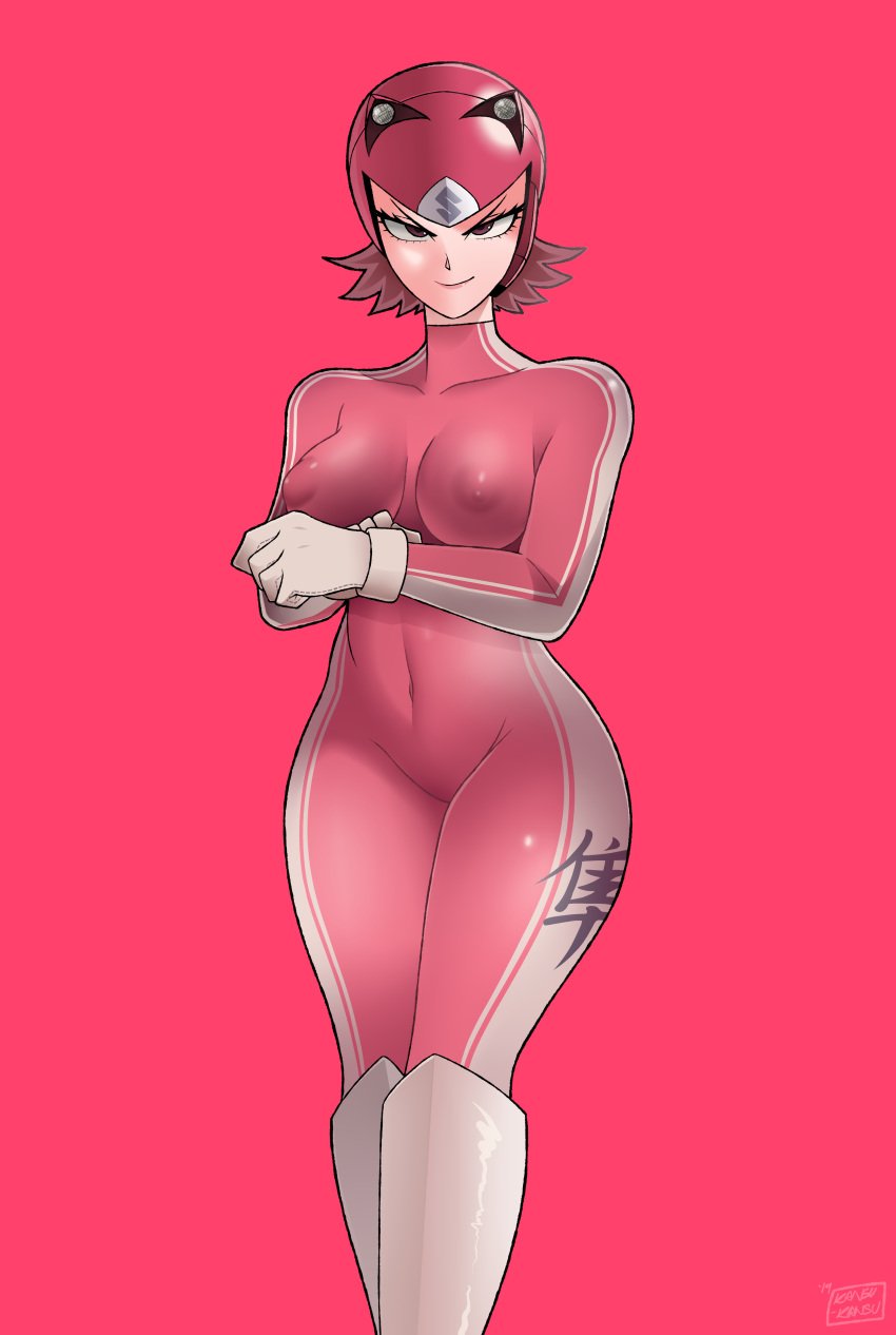 1girls absurd_res bodysuit female gloves grin hayabusa helmet kansu-kansu looking_at_viewer medium_breasts pink_background pink_bodysuit png see-through skin_tight smile solo standing