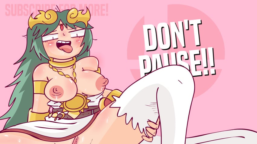 1girls big_breasts blush breasts breasts_out clitoris erect_clitoris erect_nipples female female_only holding_leg implied_sex kid_icarus mattyburrito messy_hair nintendo no_bra no_panties open_smile palutena partially_clothed pussy pussy_peek sweat sweatdrop tongue tongue_out vagina