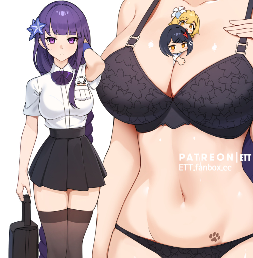 between_breasts bra breasts busty chibi cleavage ett female genshin_impact giantess hi_res kujou_sara large_breasts lumine_(genshin_impact) mole mole_under_eye navel paimon_(genshin_impact) panties raiden_shogun scalie school_uniform skirt stomach thighhighs underwear