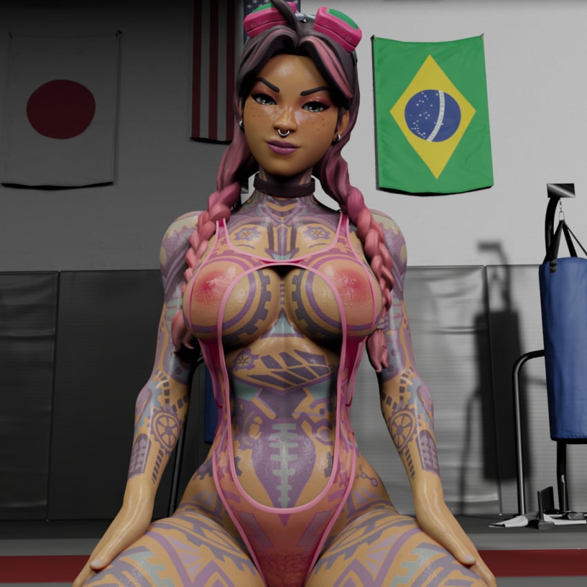 3d beach_jules big_breasts big_thighs female_on_top femdom fortnite gym hairy_pussy jules_(fortnite) looking_at_viewer muscular_female punching_bag see-through tattoo tattoos wrestling wrestling_ring