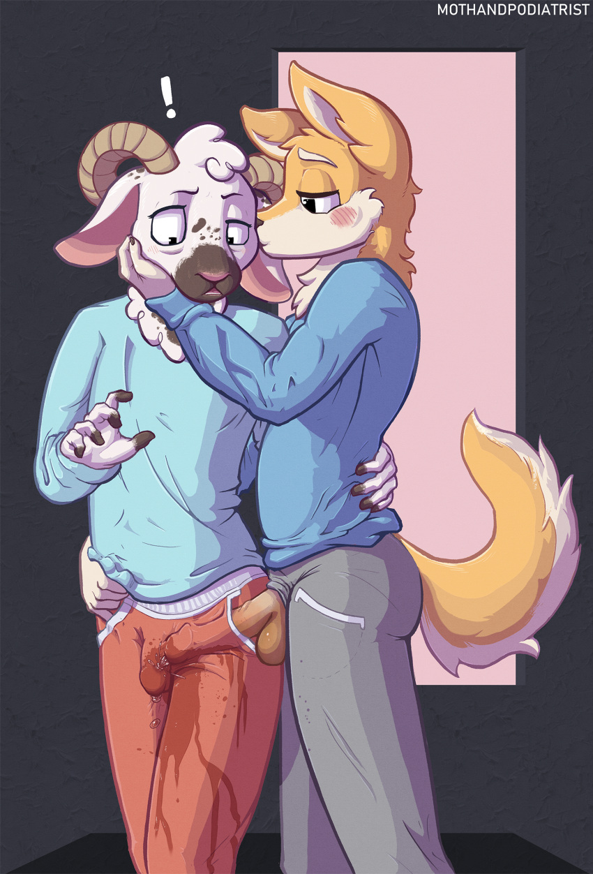 ! angry anthro blush bodily_fluids bovid bulge canid canine canis caprine clothed clothing domestic_dog duo embrace erection fully_clothed fur genital_fluids genitals hand_in_pocket hand_on_cheek hand_on_face hand_on_hip hi_res husky_inu kissing male male/male mammal mothandpodiatrist multicolored_body multicolored_fur pajamas pee_on_clothes peeing peeing_on_another penis penis_in_pocket penis_through_fly pockets poking_out sheep standing surprise tight_clothing two_tone_body two_tone_fur urinating urinating_male urination urine urine_drip urine_stream watersports wetting wetting_clothing white_body white_fur yellow_body yellow_fur