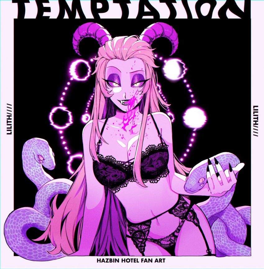 2animals blonde_hair fangs female glowing_eyes hazbin_hotel horns lilith_morningstar_(hazbin_hotel) lingerie neg_50asu snakes succubus violet_eyes white_body