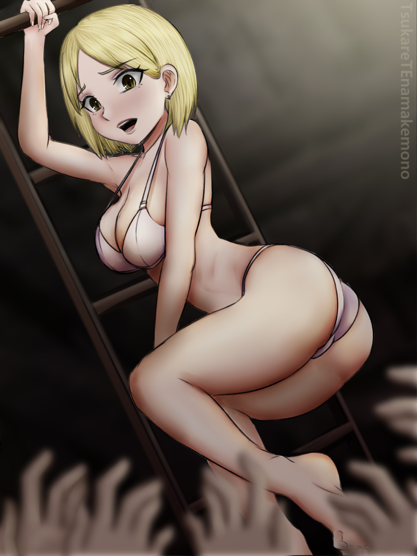 1girls ashley_graham ashley_graham_(brooke_elizabeth_mathieson) ass barefoot blonde_hair bra breasts climbing_ladder feet ladder panties resident_evil resident_evil_4 short_hair tsukare underwear yellow_eyes