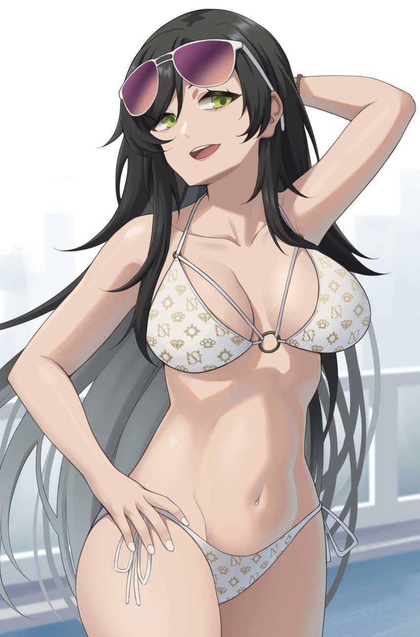 1girls 2d act_(xadachit) background bikini bracelet breasts cleavage collarbone commission eyelashes female female_only girls'_frontline green_eyes large_breasts light-skinned_female light_skin navel painted_nails pale-skinned_female pale_skin python_(girls'_frontline) side-tie_bikini sunglasses sunglasses_on_head swimming_pool white_bikini