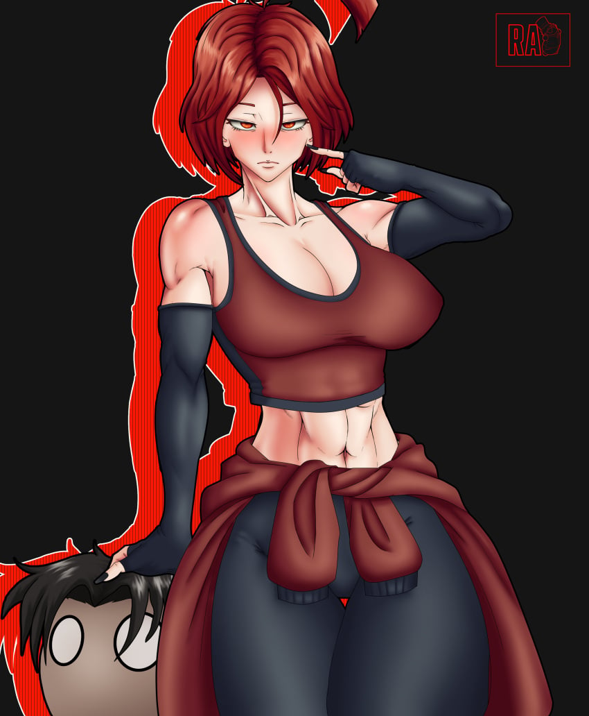 big_breasts big_thighs black_gloves black_nails chibi female jacket jacket_around_waist leggings long_gloves muscular muscular_female radiant_artist red_eyes red_hair red_top ricardo_jimenez ruby_reed serious tomboy variant_set