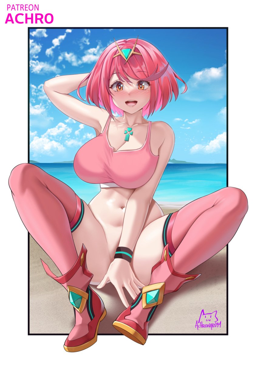 1girls achromaru armpits belly belly_button blush breasts core_crystal covering covering_crotch female huge_breasts light-skinned_female light_skin naughty_face nintendo open_mouth partially_clothed pyra red_eyes red_hair short_hair sports_bra spread_legs thick_thighs thighhighs thighs xenoblade_(series) xenoblade_chronicles_2