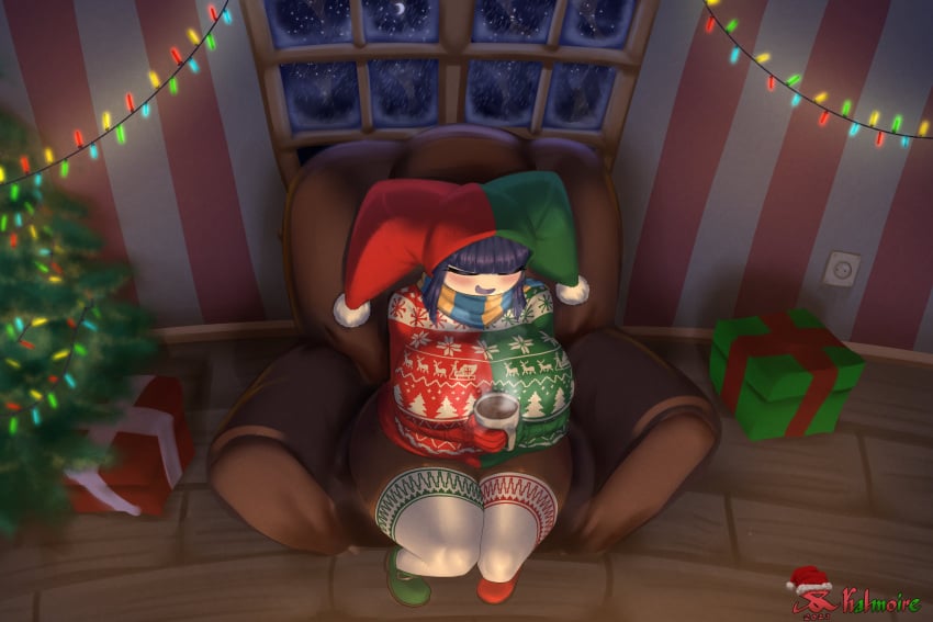 busty chocolate christmas christmas_tree coffee coffee_mug dark-skinned_female dark_skin duomi_(kalmoire) from_above gift gift_box hat huge_breasts indoors inside jester jester_hat kalmoire mario_(series) night scarf shy_gal sitting snow thick_thighs wide_hips window zettai_ryouiki