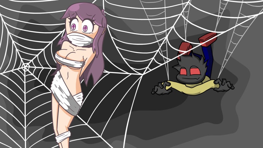 2d 2d_(artwork) animated animated_gif cave clothed cute eye_contact eyelashes female_focus female_human furry happy legs long_hair love male male/female naked_female no_nose perfect_body purple_eyes purple_hair scared scared_expression scared_face self_upload smile spider spider_humanoid spider_web tiedup tuubaa youtube youtuber youtuber_girl