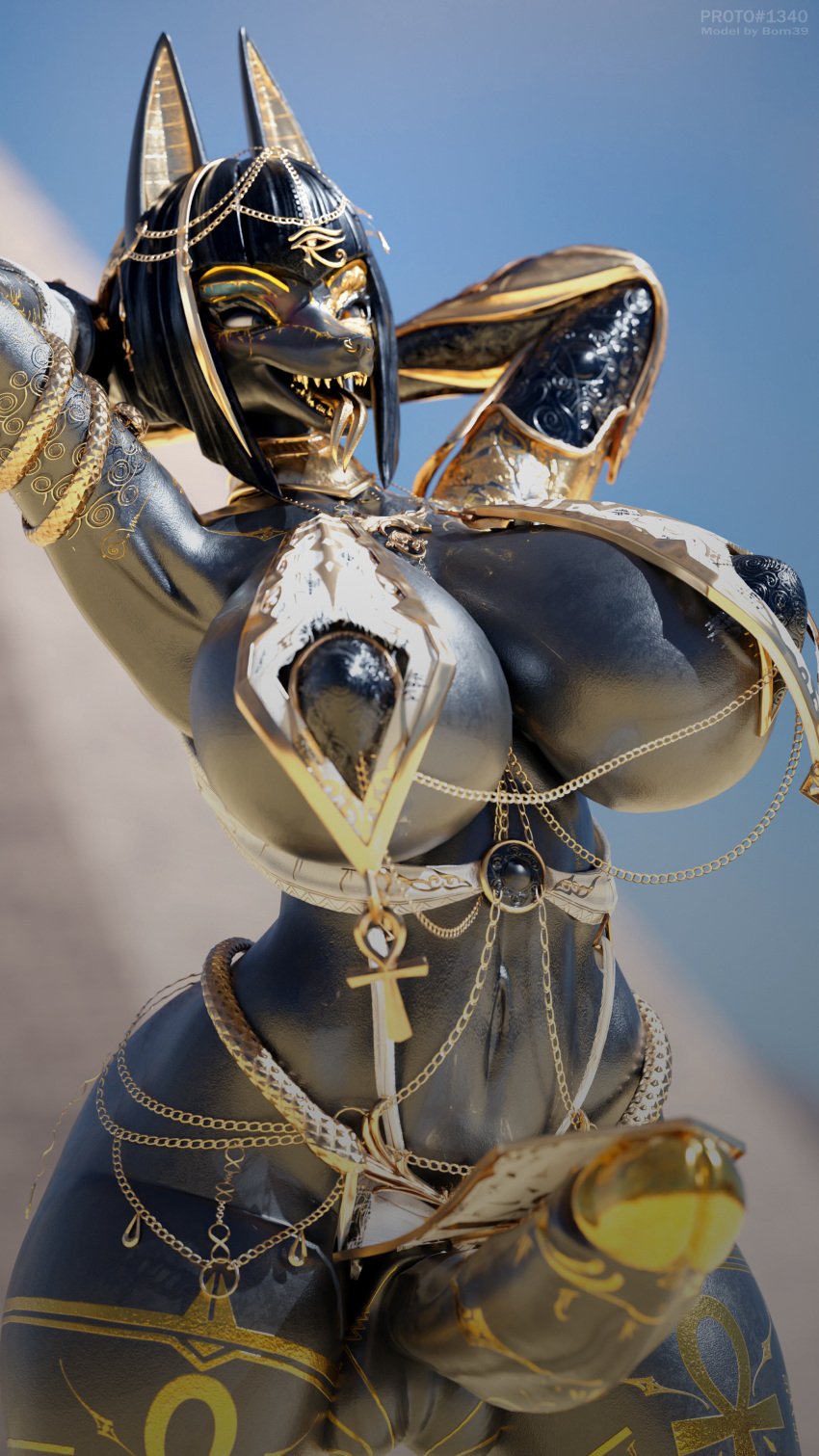 3d_(artwork) 4k 9:16 absurd_res anthro anubian_jackal anubis anubis_(bom39) balls big_breasts big_penis black_body blender_(software) breasts canid canine canis clothing deity desert digital_media_(artwork) egyptian egyptian_clothing egyptian_mythology erection flat_belly forked_tongue futanari genitals gold_(metal) gold_jewelry gold_skin gold_tooth gynomorph hair hi_res humanoid_genitalia intersex jackal jewelry loincloth loincloth_lift mammal middle_eastern_mythology mommy_kink mythology navel nipples nude open_mouth penis penis_jewelry proto1340fc pyramid simple_background smooth_skin solo standing teeth tongue tongue_out