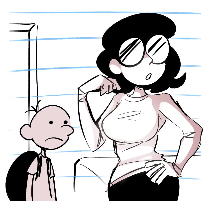 bed bedroom big_breasts black_hair black_pants diary_of_a_wimpy_kid glasses greg_heffley hand_on hand_on_hip looking_away milf mother_and_son open_mouth peargor sketch staring_at_breasts susan_heffley sweater