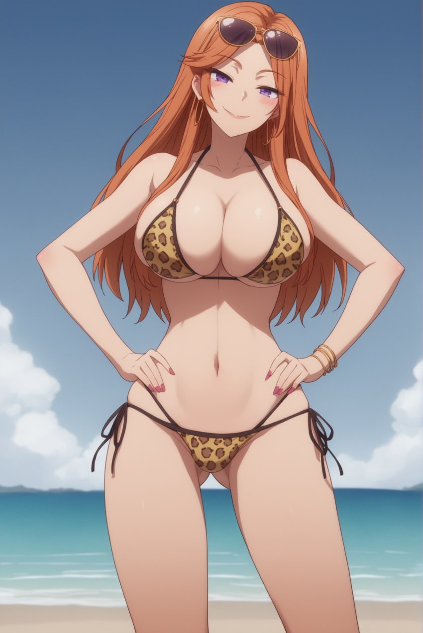 1girls ai_generated animal_print bikini blush bracelet breasts cleavage cloud collarbone dosanko_gal_wa_namara_menkoi female gluteal_fold hands_on_hips large_breasts legs_apart leopard_print long_hair looking_at_viewer mai_fuyuki mature_female milf nail_polish navel notreallyhere orange_hair parted_bangs purple_hair sea seaside side-tie_bikini skindentation smile solo standing sunglasses sunglasses_on_head thigh_gap