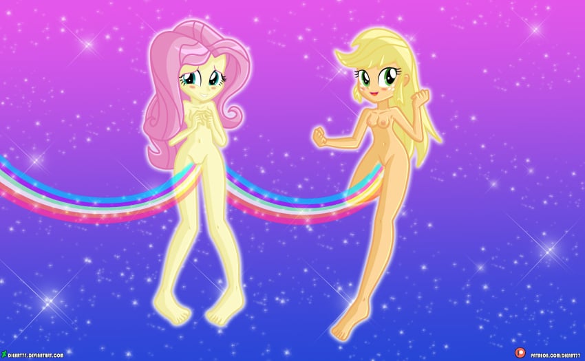 2girls applejack_(mlp) blonde_hair breasts dieart77 equestria_girls fluttershy_(mlp) long_hair my_little_pony naked naked_female nipples nude nude_female pink_hair pussy rainbow shaved_pussy shy small_breasts vagina