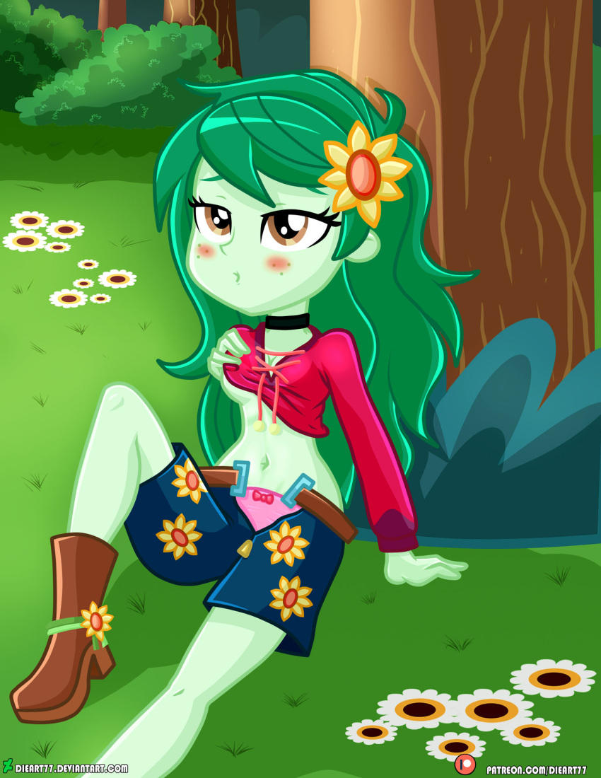 1girls blush brown_eyes dieart77 equestria_girls female female_only green_hair green_skin lifting_sweater long_hair medium_breasts my_little_pony panties pink_panties sitting solo solo_female sweater wallflower_blush_(eg)