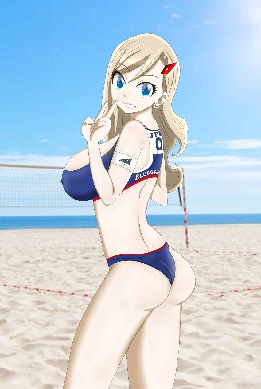 1girls ass beach big_ass big_breasts big_butt bikini blue_bikini blue_eyes breasts edens_zero female female_only looking_at_viewer lpogo panties rebecca_bluegarden solo solo_female sports_bra standing volleyball