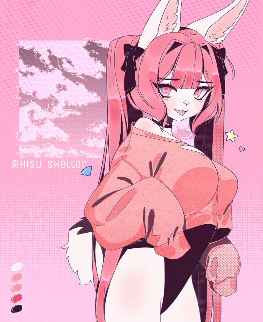 animal_ears anthro bangs blunt_bangs bows bunny bunny_ears bunny_girl bunny_tail choker crop_top cropped_sweater cute exposed_shoulders female hair hairbow heart-shaped_pupils hips hisu_shelter large_breasts leotard long_hair pink_hair rabbit rabbit_ears rabbit_girl rabbit_humanoid rabbit_tail shoulders thighs tongue tongue_out