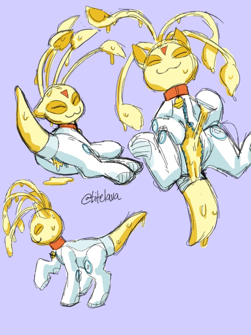 :3 aisha_(neopets) ambiguous_gender astronaut bitelava collar feral hi_res jumpstart_games neopet_(species) neopets orange_collar slime solo yellow_body