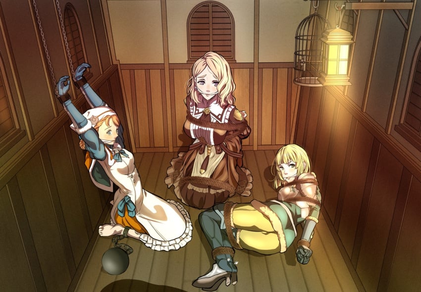 3girls alternate_costume alternate_hairstyle angry annette_fantine_dominic arms_behind_back arms_up ass ball_and_chain bangs barefoot big_ass bird_cage blonde_hair blue_eyes bondage bound braid breasts cage captured chains dress earrings elbow_gloves female female_only femsub fire_emblem fire_emblem:_three_houses frown gag gloves green_eyes hat high_heels indoors ingrid_brandl_galatea kneeling kou_(spad7u59) lamp large_ass large_breasts looking_at_viewer medium_breasts medium_hair mercedes_von_martritz multiple_girls nintendo official_alternate_costume official_alternate_hairstyle pants party_wipe restrained rope rope_bondage window yellow_hair