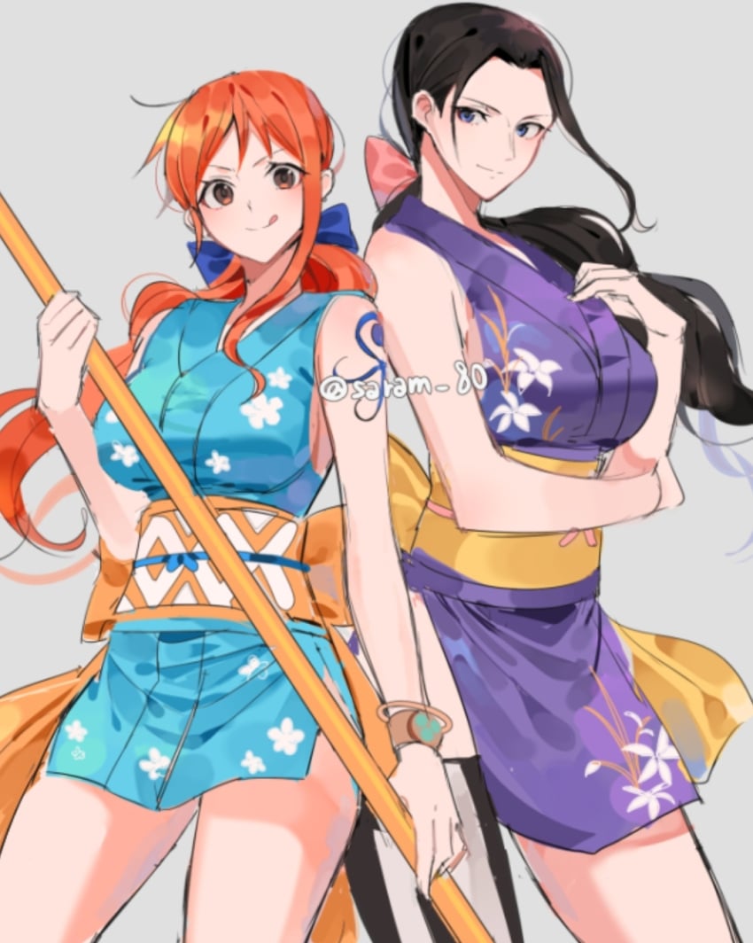 2girls clima-tact female female_only kimono kunoichi log_pose nami nico_robin onami one_piece orobi post-timeskip saram_80 tagme wano_country