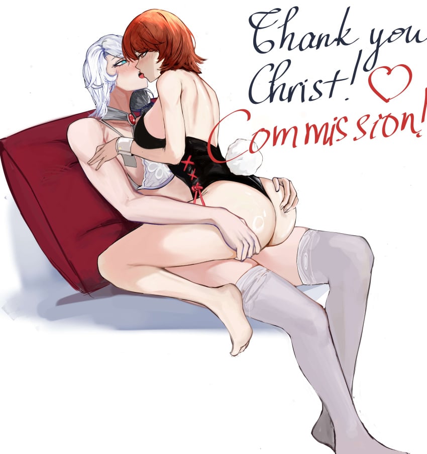 2girls age_difference ass big_ass big_breasts bra breasts brown_hair crossover eastern_and_western_character female female_only hand_on_ass hand_on_butt huge_ass huge_breasts kissing large_ass large_breasts leotard megami_tensei milf nero_watch older_female persona persona_3 rwby white_hair willow_schnee willowposting younger_female yukari_takeba yuri