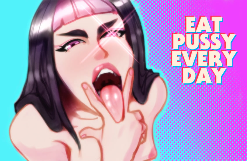 1girls advice black_hair breasts cunnilingus_gesture english_text female female_only glowing_eyes juri_han molly_skyfire nipples open_mouth purple_eyes purple_hair street_fighter text tongue tongue_out topless two_tone_hair v_sign